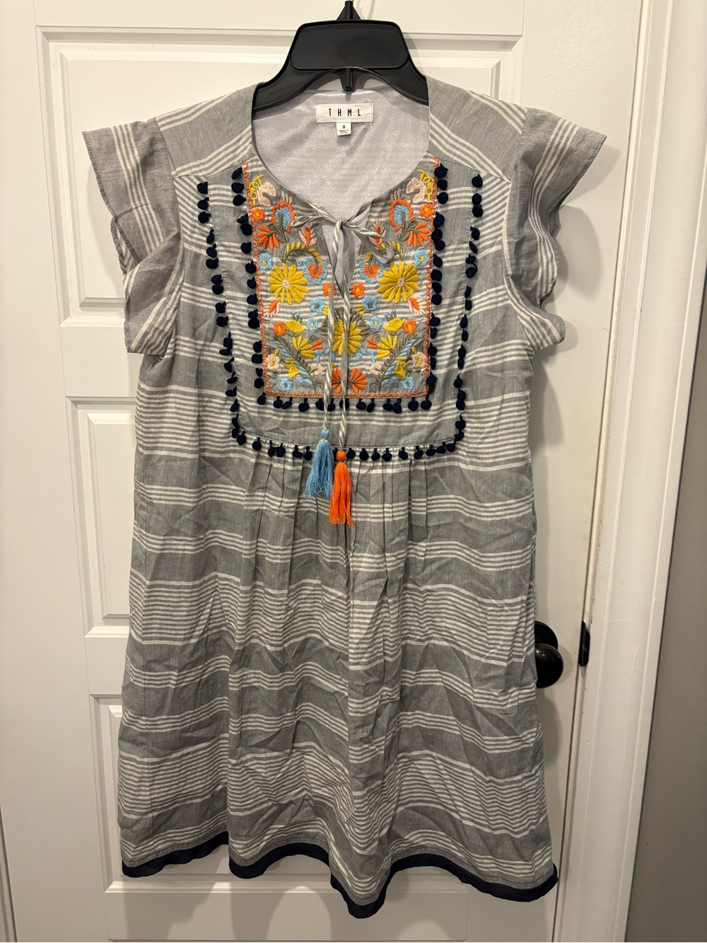 THML Grey Striped Embroidered Tassel Dress women’s size small